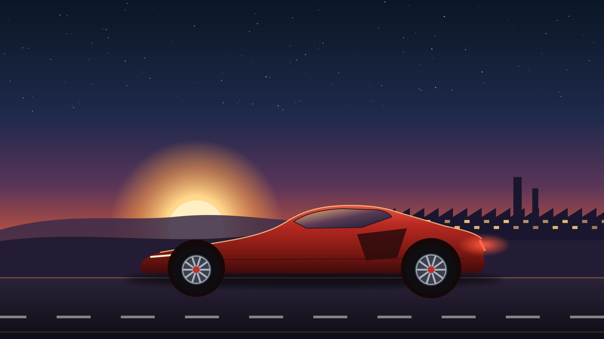Ilustración original de un auto deportivo rojo de motor central en una carretera al atardecer, con una fábrica de techo en dientes de sierra en el horizonte. No es una foto de Chevrolet.