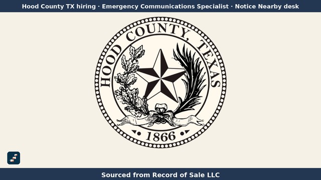 Sello oficial del Condado de Hood, Texas, con la marca de Pasos USA y el texto "Sourced from Record of Sale LLC" (Especialista en comunicaciones de emergencia de la Oficina del Sheriff).
