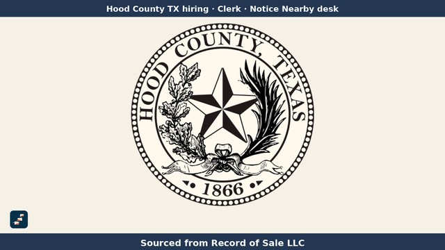 Sello oficial del Condado de Hood, Texas, con la marca de Pasos USA y el texto "Sourced from Record of Sale LLC" (Oficinista del Juzgado de Paz, Precinto 3).