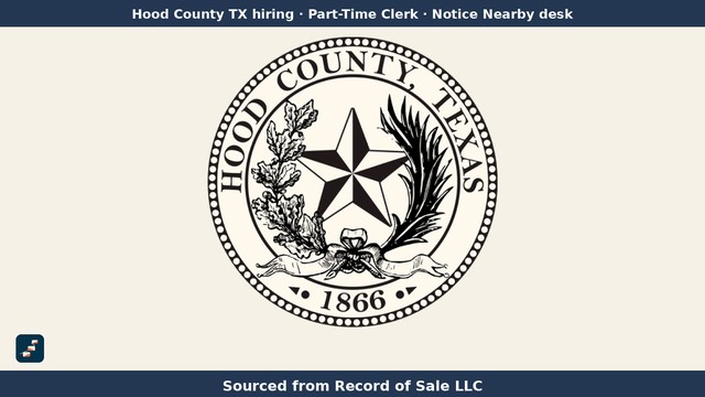 Sello oficial del Condado de Hood, Texas, con la marca de Pasos USA y el texto "Sourced from Record of Sale LLC" (Oficinista de medio tiempo de Salud Ambiental).