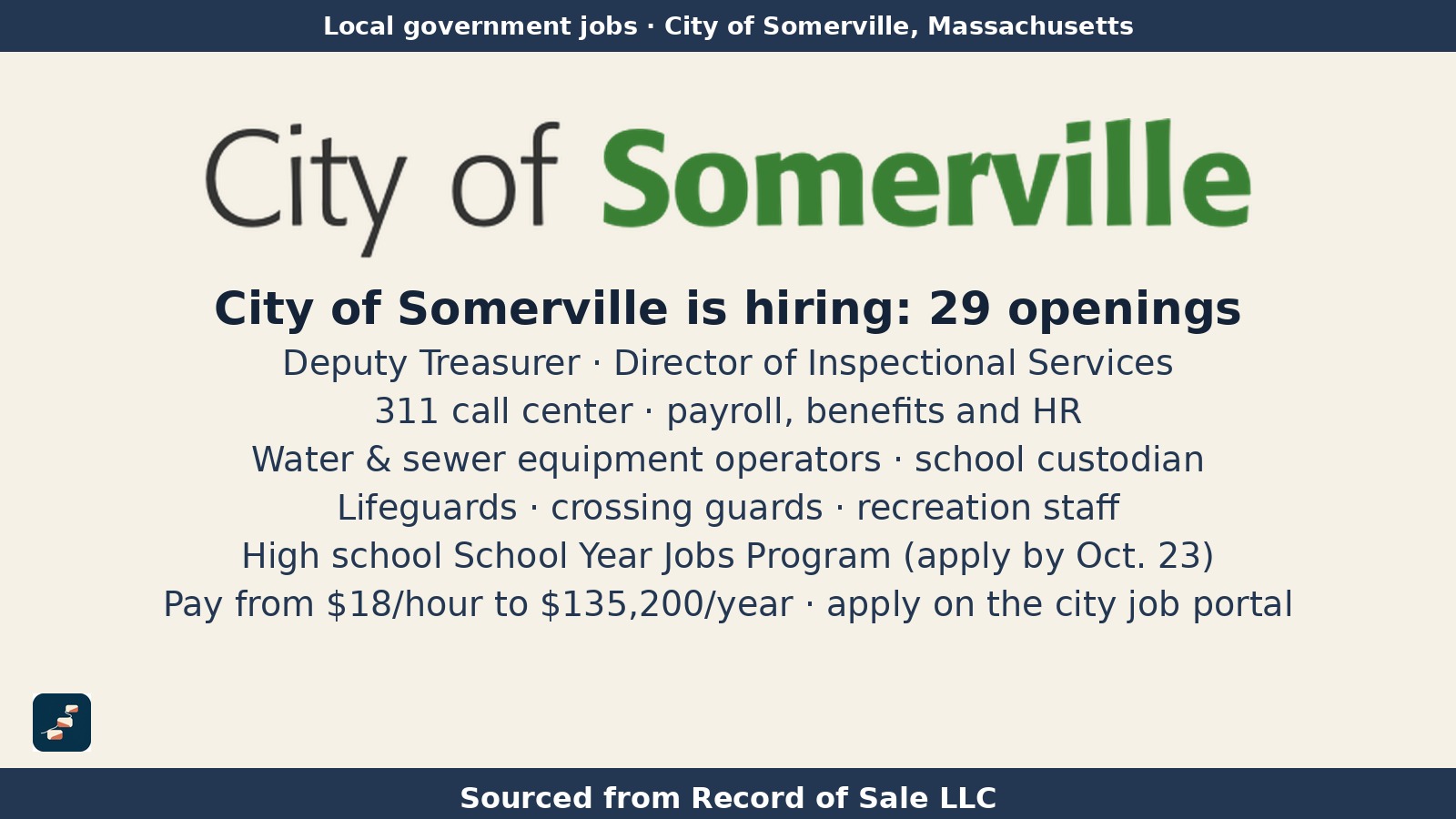 Logotipo oficial de la Ciudad de Somerville, Massachusetts, con la marca de Pasos USA y el texto "Sourced from Record of Sale LLC".