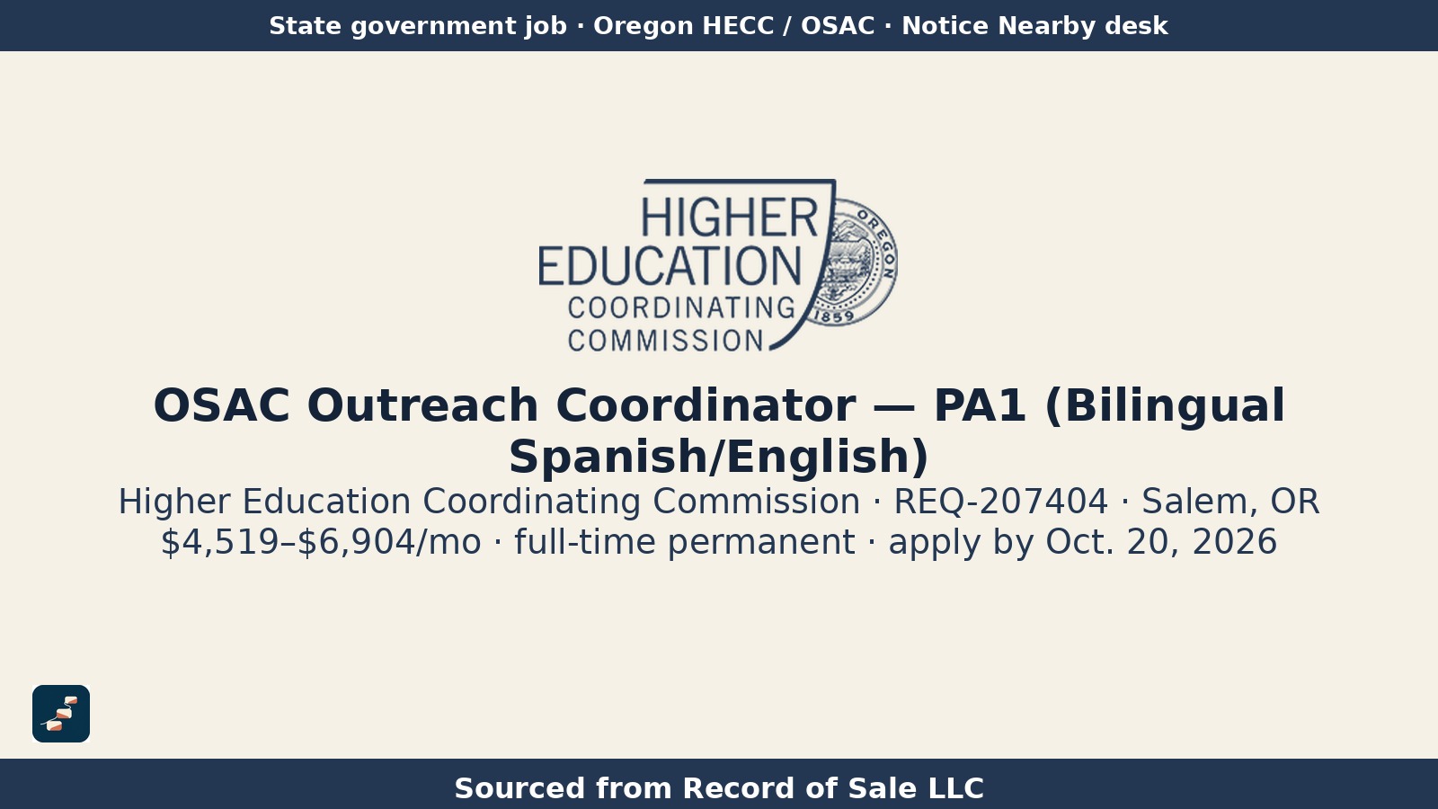 Logotipo de HECC con el puesto OSAC Outreach Coordinator — PA1 bilingüe (REQ-207404), la marca de Pasos USA y el texto "Sourced from Record of Sale LLC".