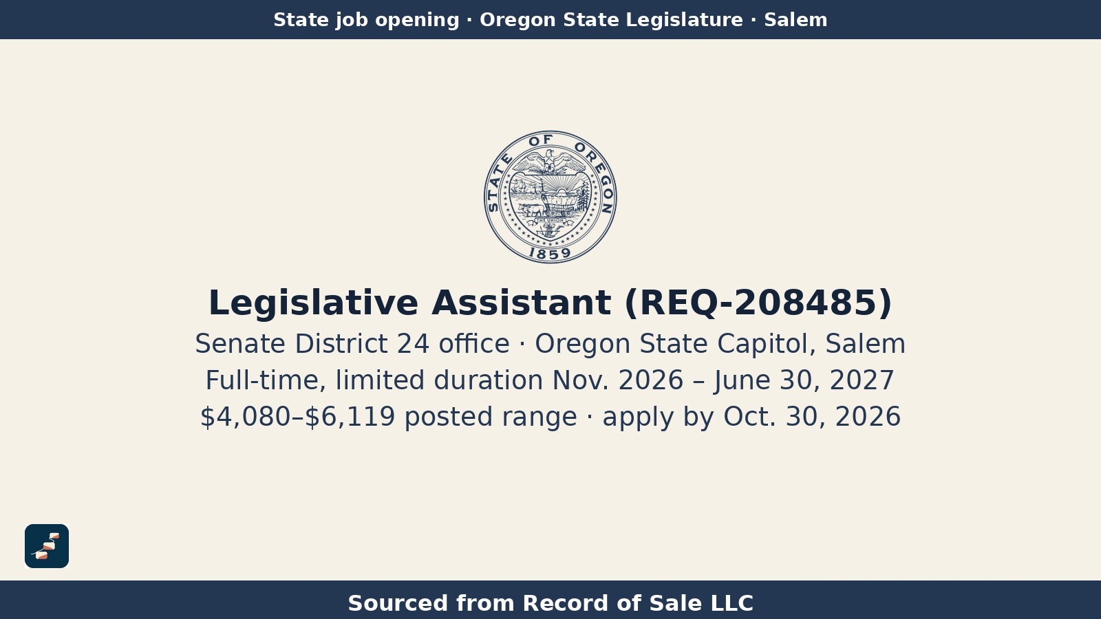 Sello del Estado de Oregón con la marca de Pasos USA y el texto "Sourced from Record of Sale LLC".