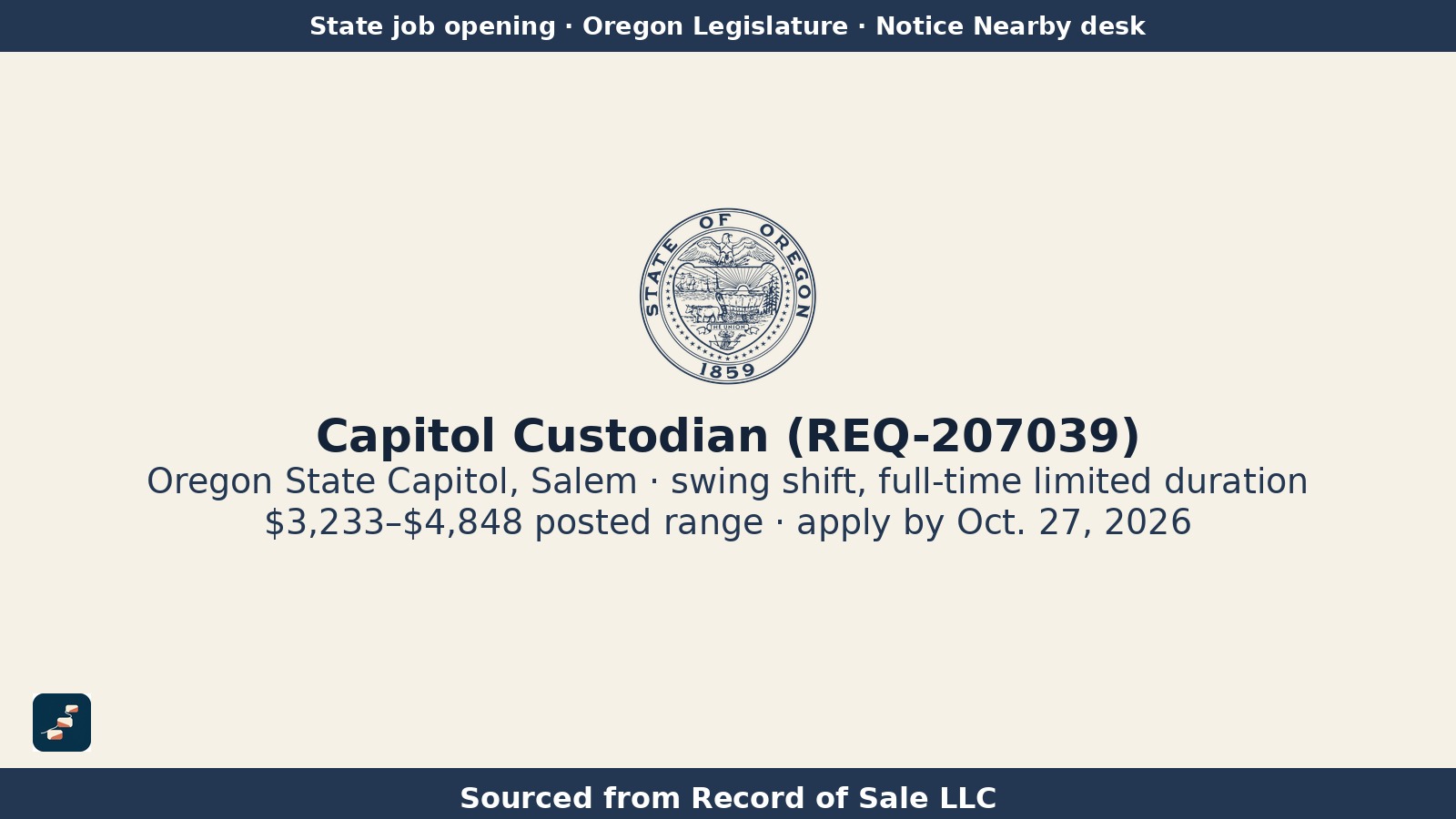 Sello oficial del estado de Oregón con el puesto Capitol Custodian (REQ-207039), el sueldo, la marca de Pasos USA y el texto "Sourced from Record of Sale LLC".
