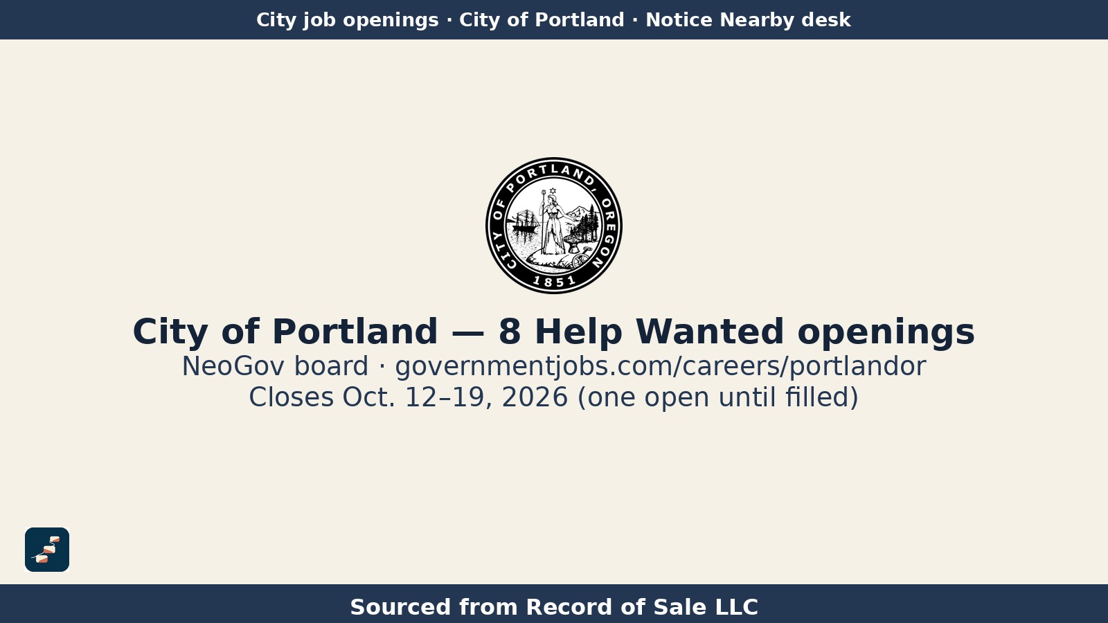 Sello oficial de la Ciudad de Portland, Oregón, con la marca de Pasos USA y el texto "Sourced from Record of Sale LLC".