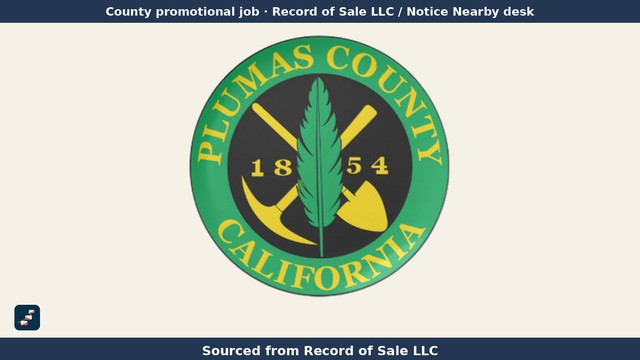 Sello oficial del Condado de Plumas, California, con la marca de Pasos USA y el texto "Sourced from Record of Sale LLC".