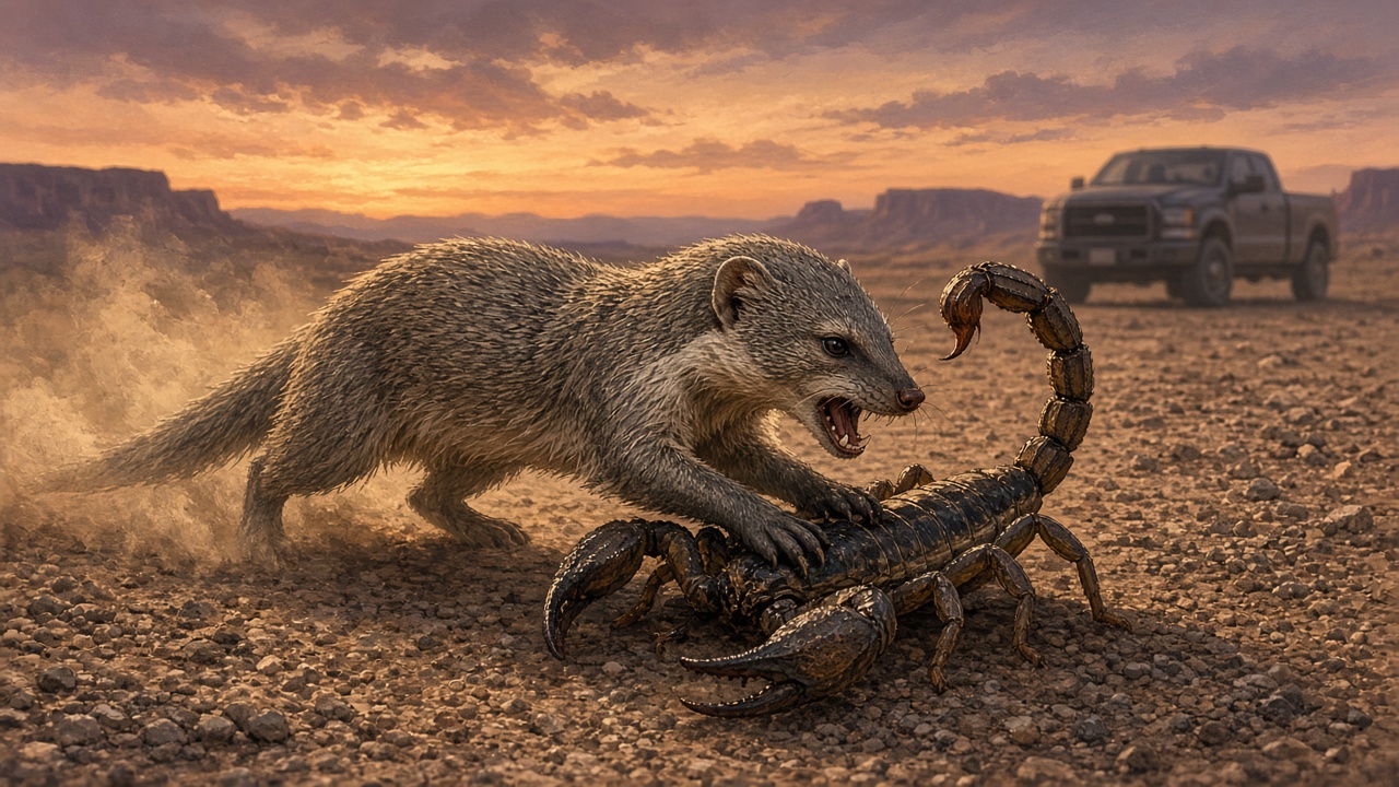 Ilustración de una mangosta que ataca a un escorpión en el desierto, con una camioneta al fondo. No es una foto del motor.