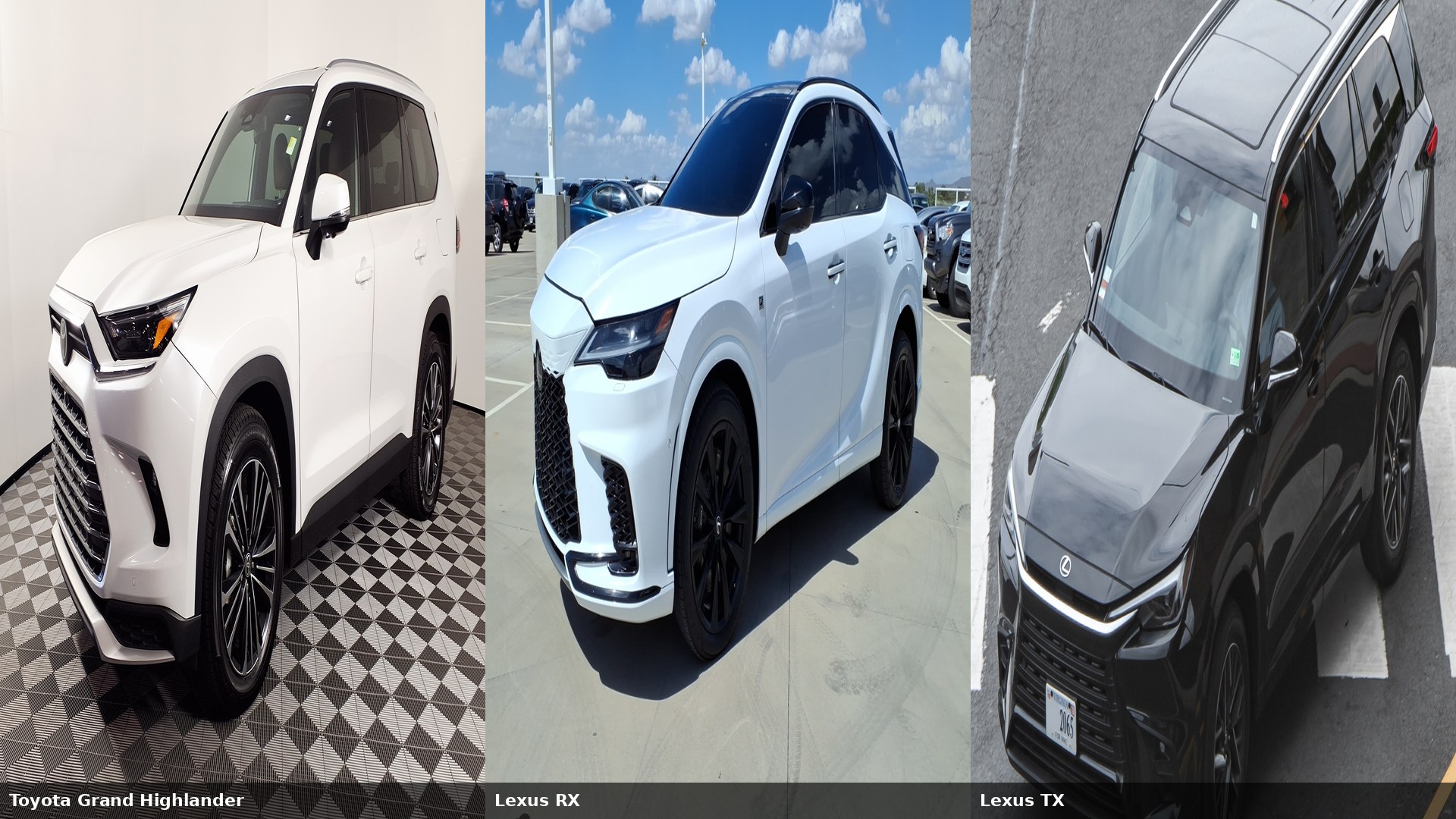 Fotos lado a lado de un SUV Toyota Grand Highlander, un crossover Lexus RX y un SUV de tres filas Lexus TX