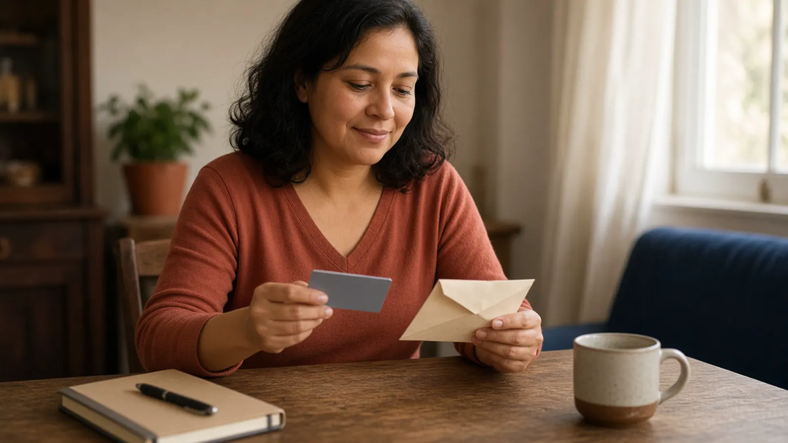 Una mujer revisa con calma una tarjeta bancaria y un sobre en la mesa de su casa, con luz suave de tarde.