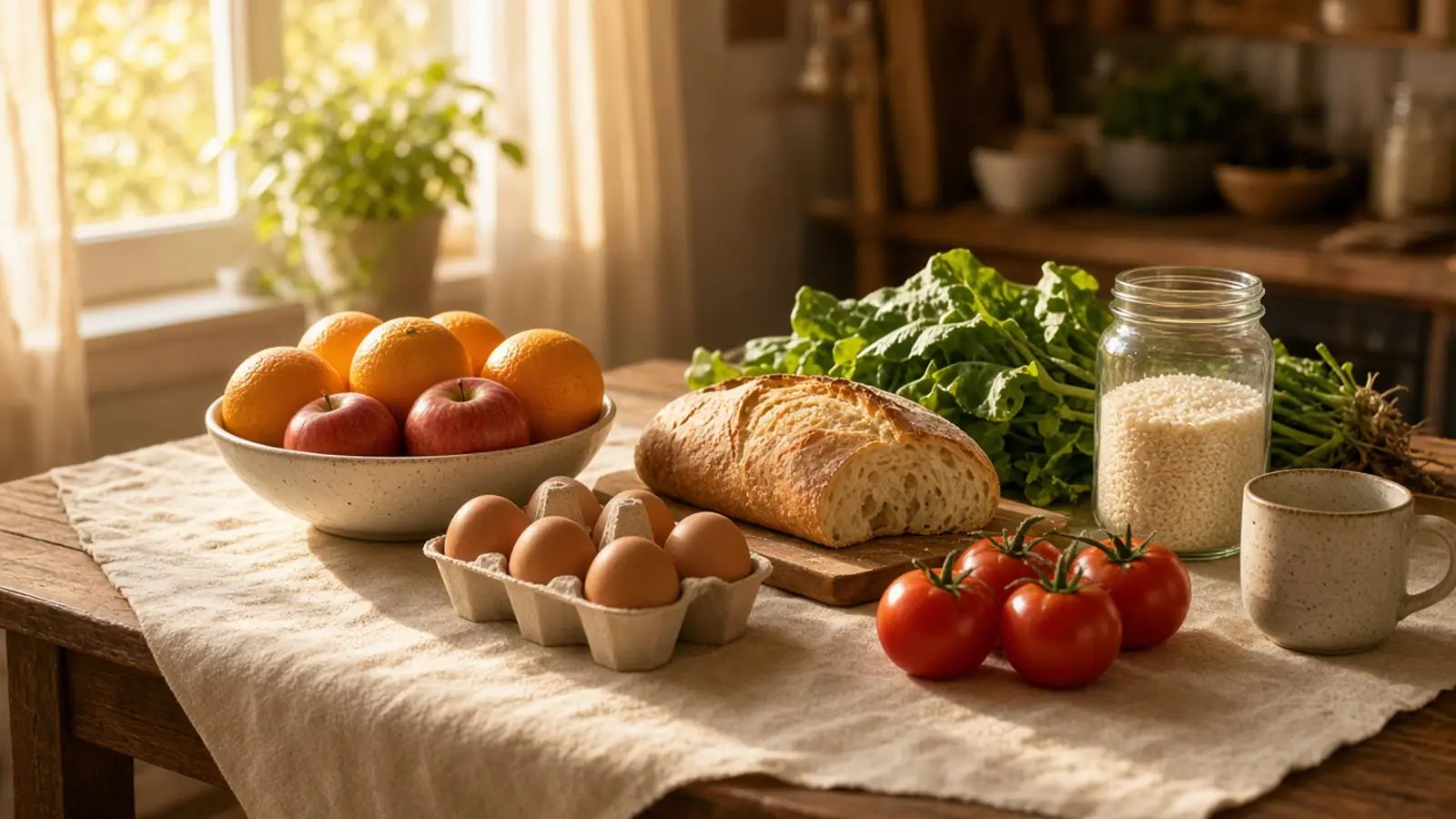 Una mesa de cocina con pan, fruta, verduras, huevos y un frasco de arroz, iluminada por la luz suave de la tarde.