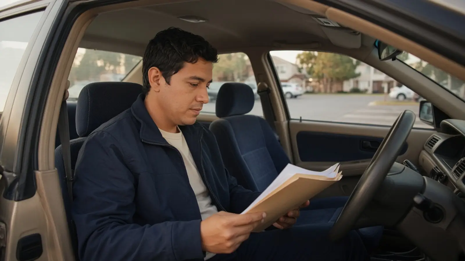 Un hombre sentado en su auto revisa un folder de papeles antes de una cita.