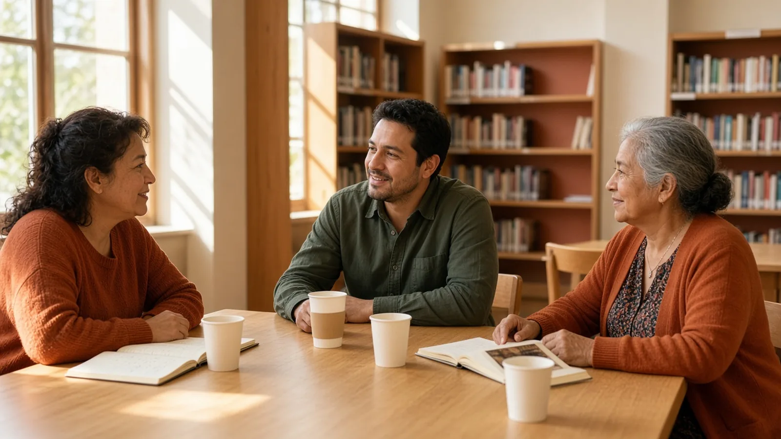 Tres adultos conversan con calma alrededor de una mesa en una biblioteca pública, con cuadernos, vasos de café y luz suave de la tarde.