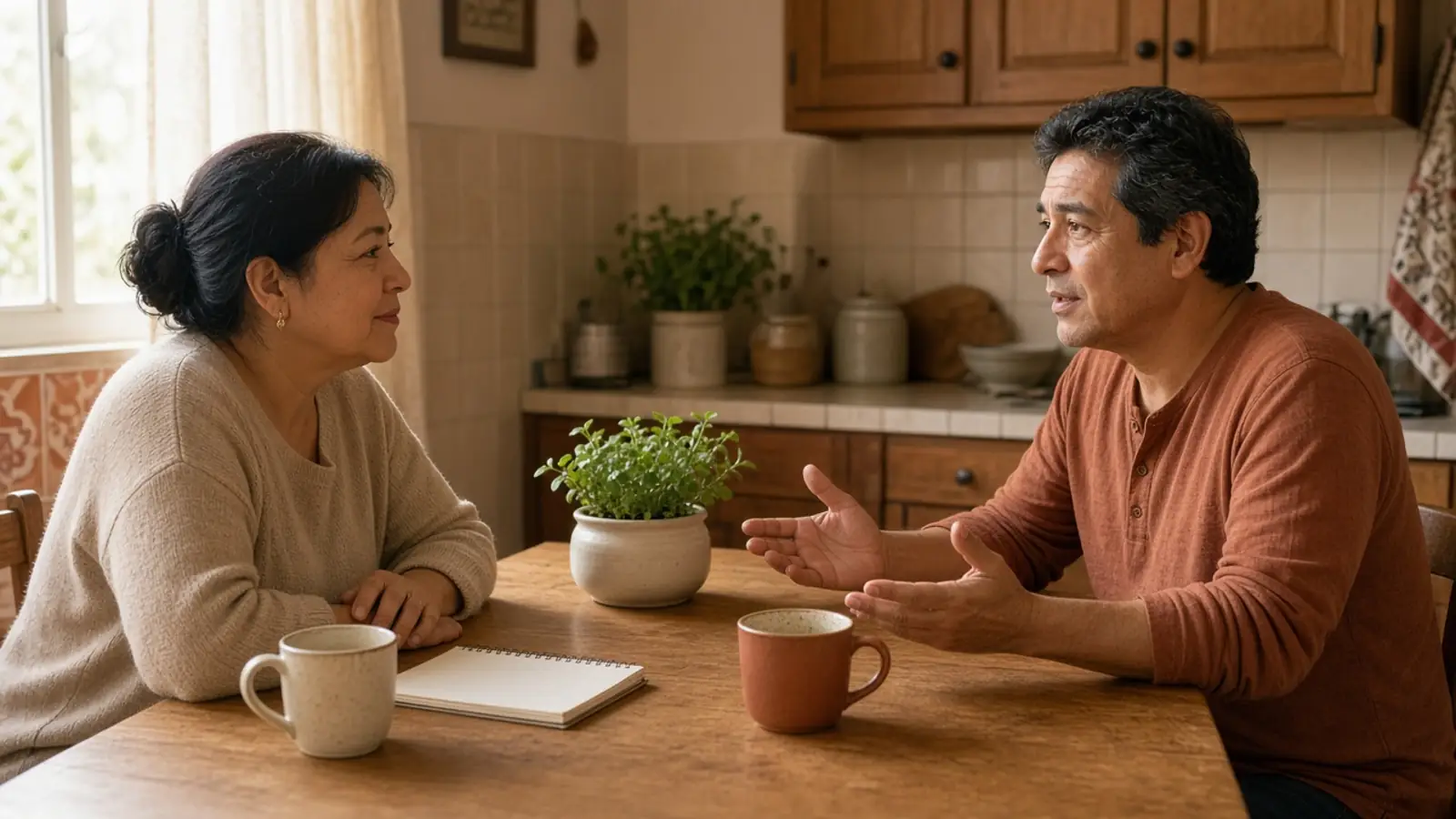 Dos adultos conversan con calma en la mesa de la cocina.