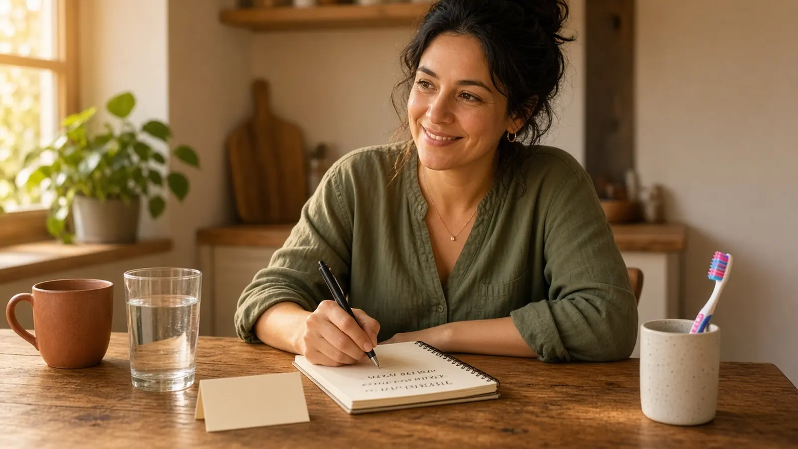 Una mujer sonríe con calma en la mesa de la cocina, con un cuaderno, un vaso de agua y un cepillo de dientes en una taza, a la luz suave de la tarde.
