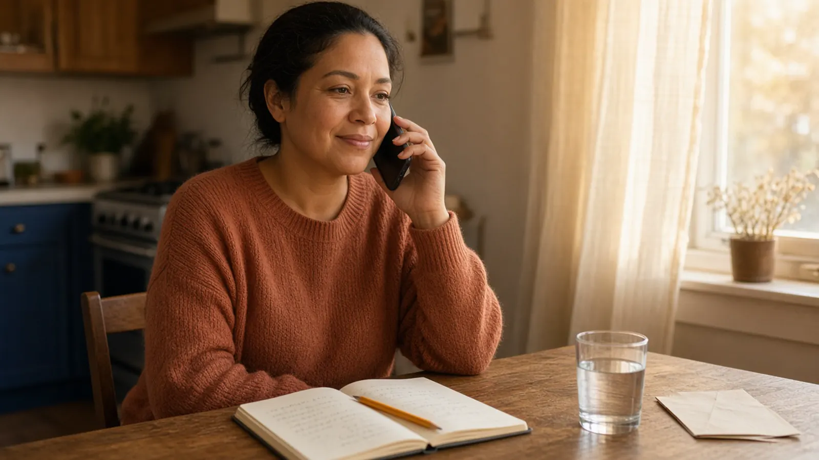 Una mujer habla por teléfono con calma en la mesa de su cocina, con un cuaderno y luz suave de tarde, mientras pide una cita médica.