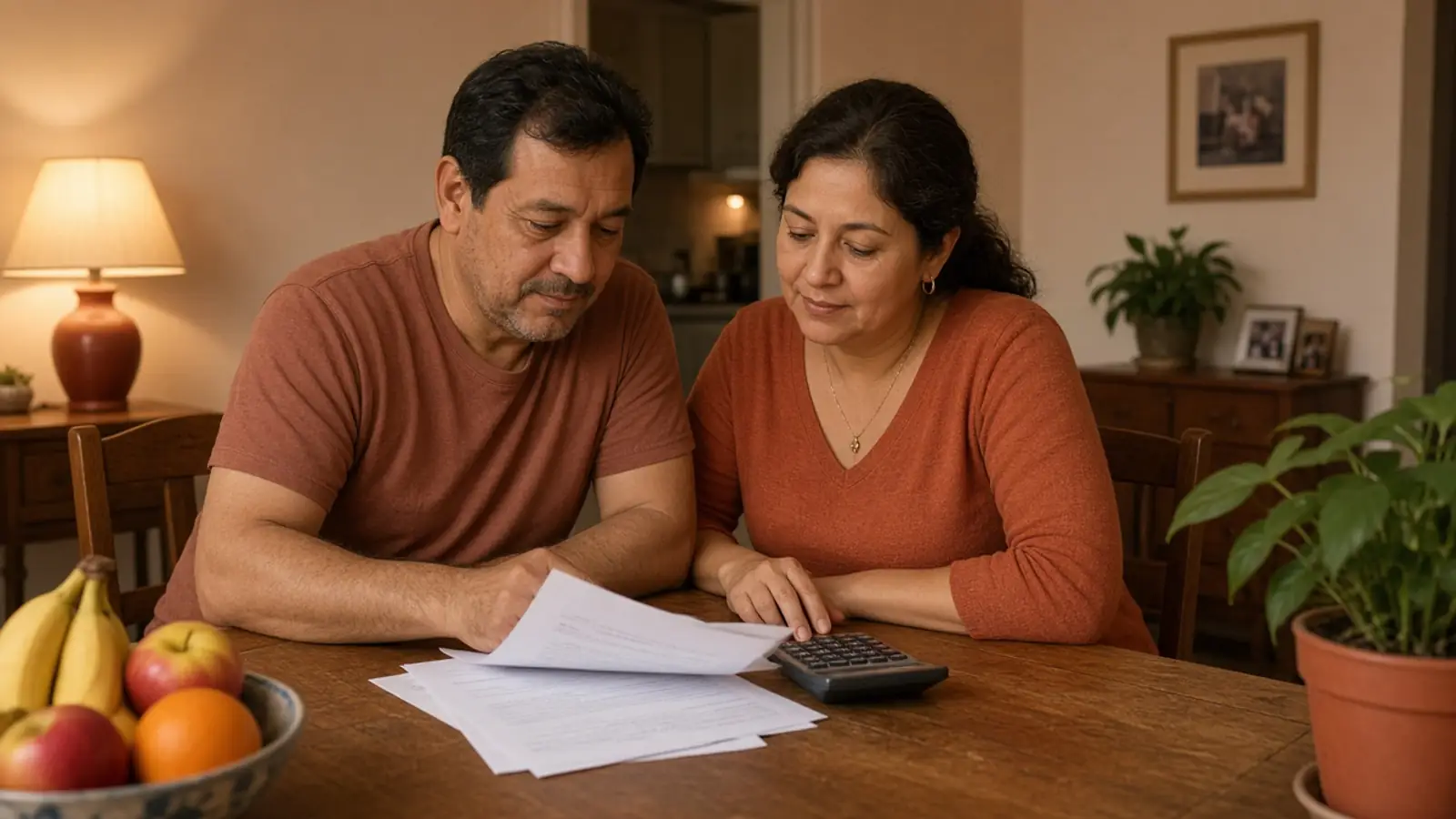 Una pareja revisa papeles y una calculadora en la mesa del comedor.