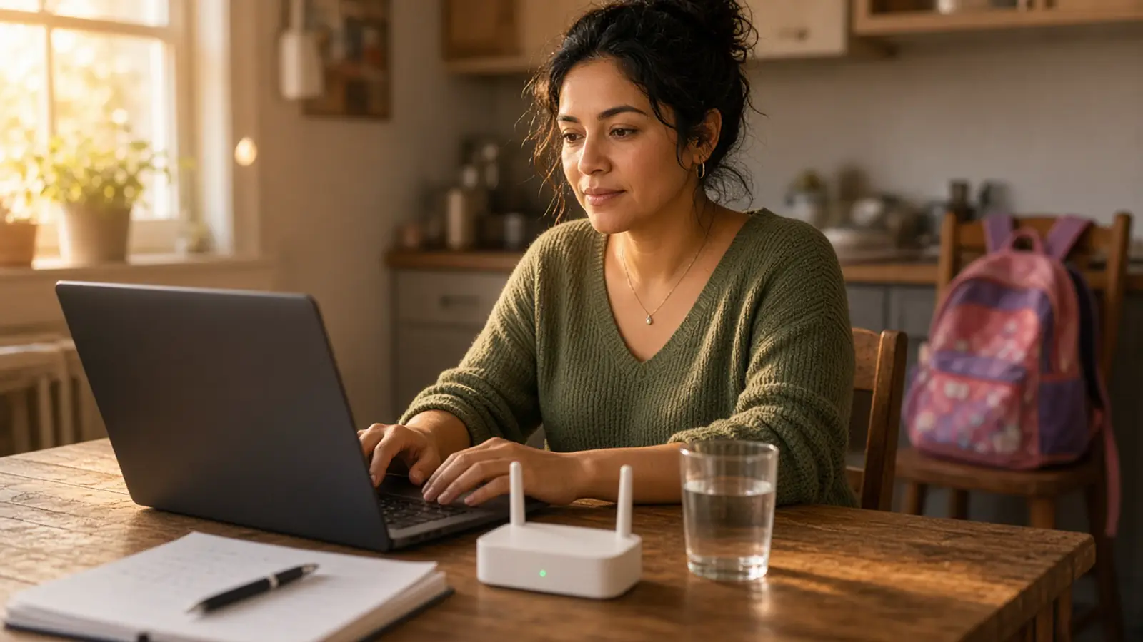 Una mujer revisa con calma una computadora en la mesa de la cocina, junto a un router, un cuaderno y un vaso de agua, con luz suave de tarde.