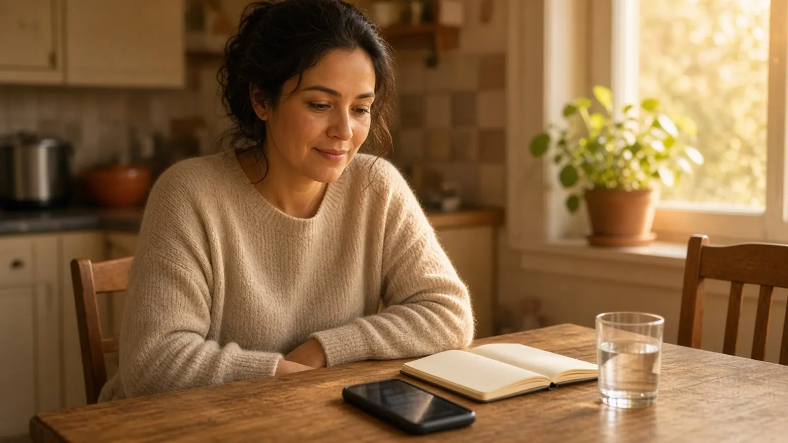 Una mujer revisa con calma su teléfono en la mesa de la cocina, junto a un cuaderno y un vaso de agua, con luz suave de tarde.