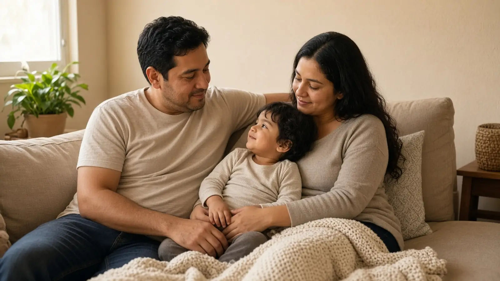 Una familia con un niño pequeño se sienta junta en el sofá de su casa.