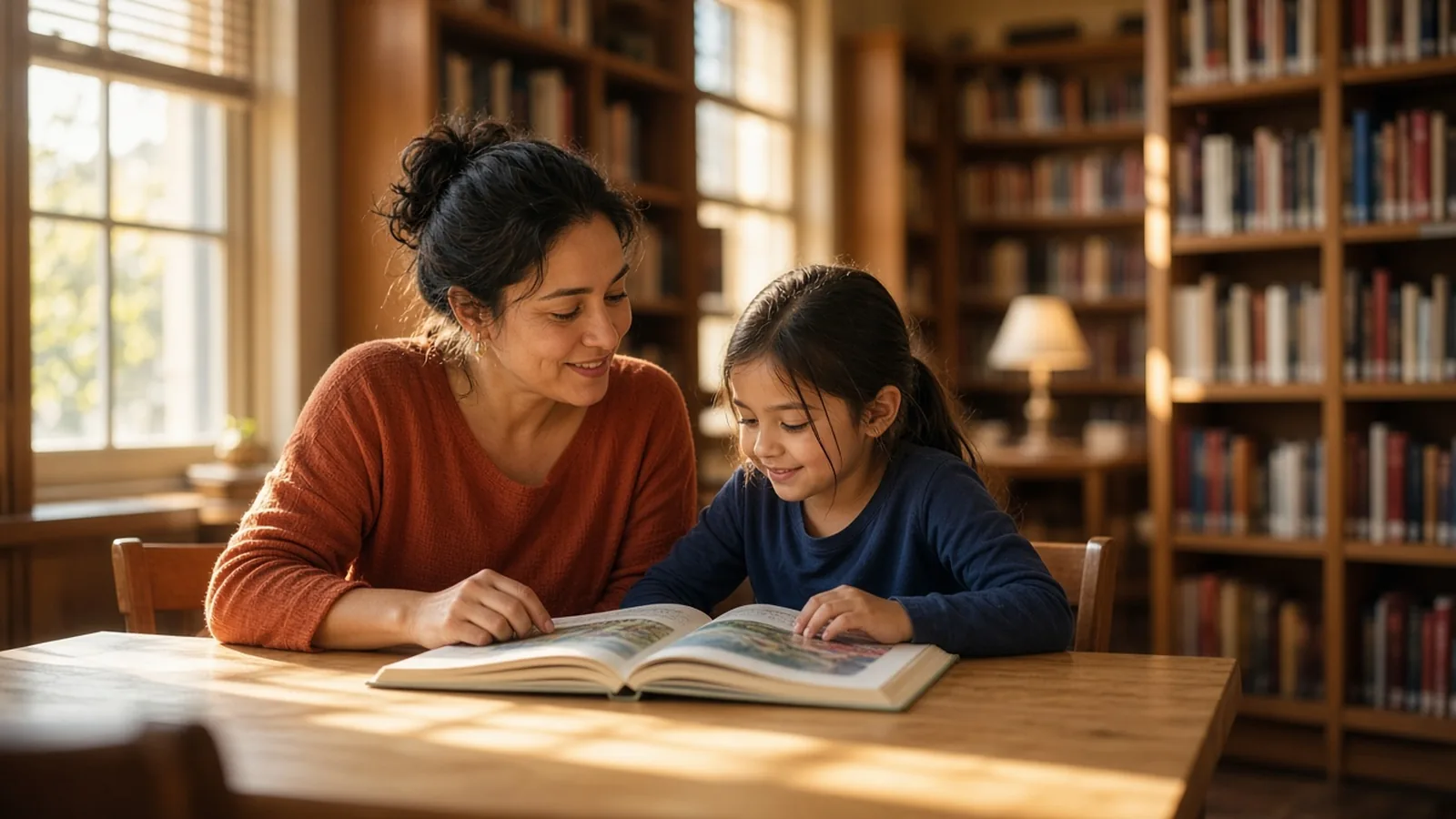 Una madre y su hija leen juntas un libro infantil en la mesa de una biblioteca pública, con luz suave de tarde.