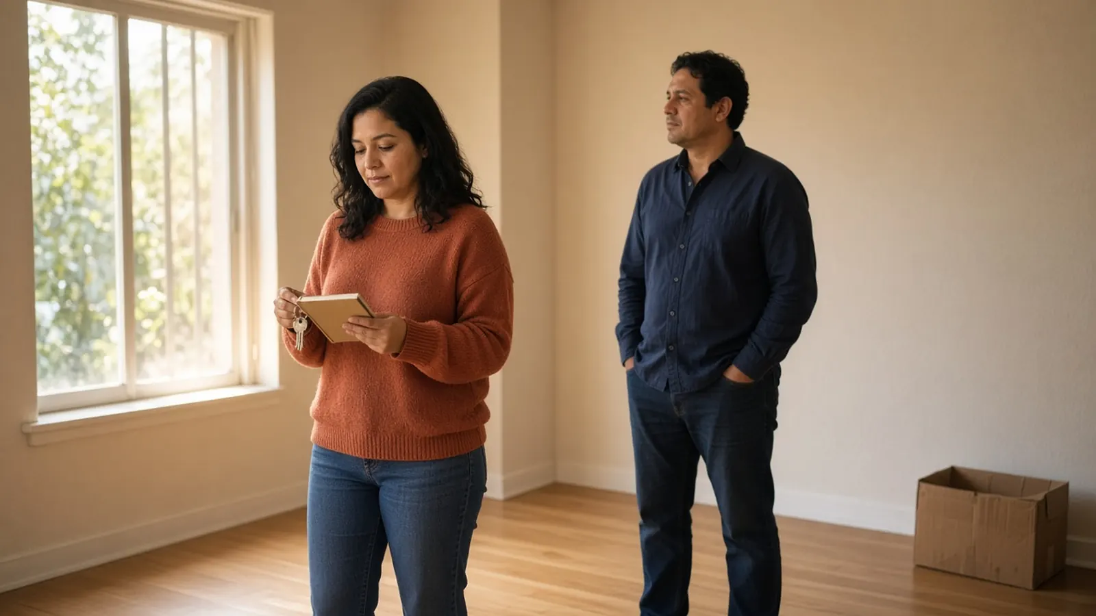 Una pareja revisa con calma un departamento vacío, con luz de tarde y un cuaderno en la mano.